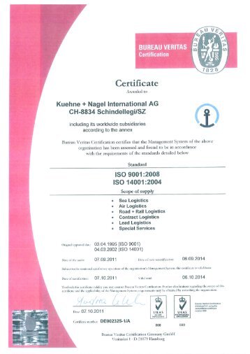 ISO 9001 14001 Certificate - Kuehne + Nagel