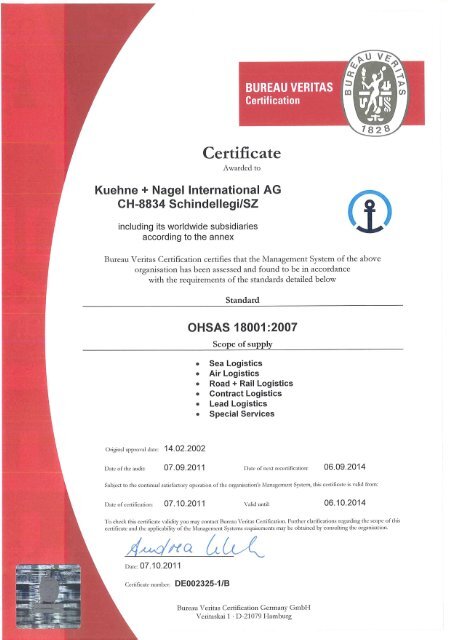 Certificate Kuehne + Nagel International AG OHSAS 18001:2007