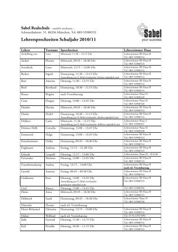 Lehrersprechzeiten Schuljahr 2010/11 - Sabel