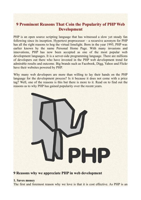 9 Prominent Reasons That Coin the Popularity of PHP Web Development