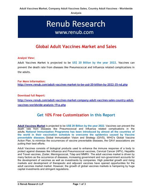 Global Adult Vaccines Market to be USD 20 Billion by 2022