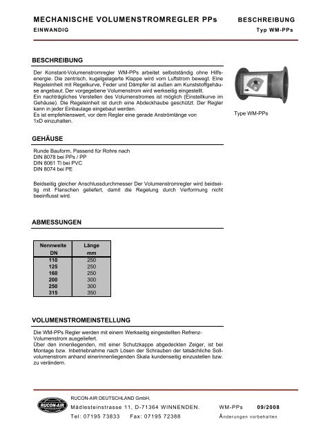 MECHANISCHE VOLUMENSTROMREGLER PPs - RUCON-AIR ...