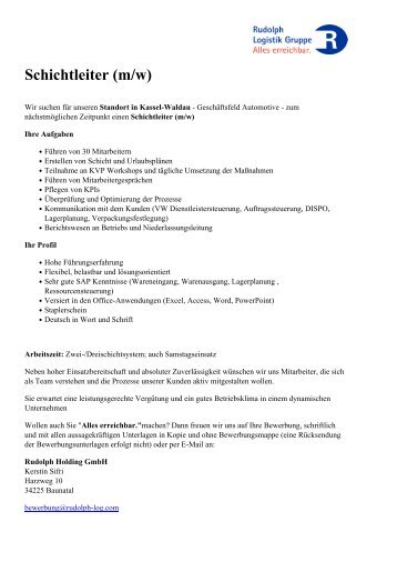 Schichtleiter (m/w) - Rudolph Logistik Gruppe