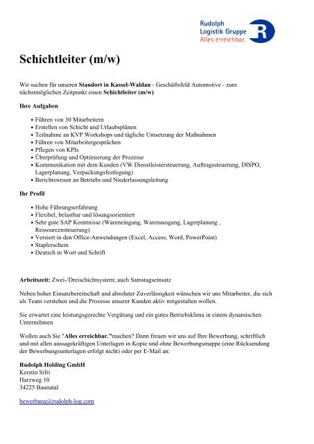 Schichtleiter M W Rudolph Logistik Gruppe