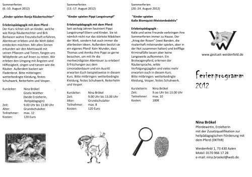 Flyer Ferienprogramm 2012x - Gestuet-Weidenfeld Familie Rieger