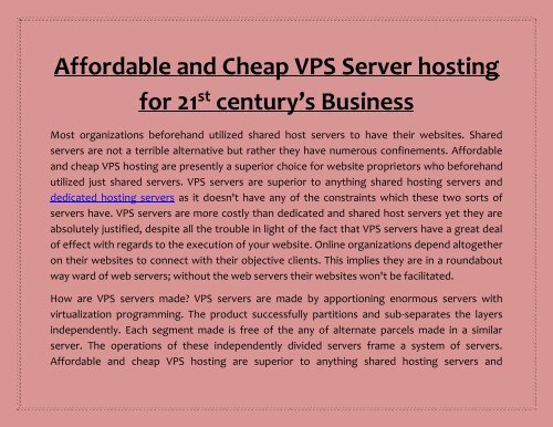 Affordable and Cheap VPS Server hosting for 21st century’s Business