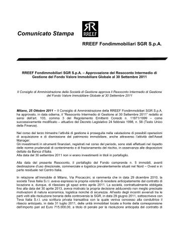 Comunicato Stampa RREEF Fondimmobiliari SGR SpA