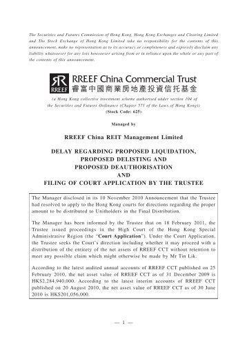 RREEF China REIT Management Limited DELAY REGARDING ...