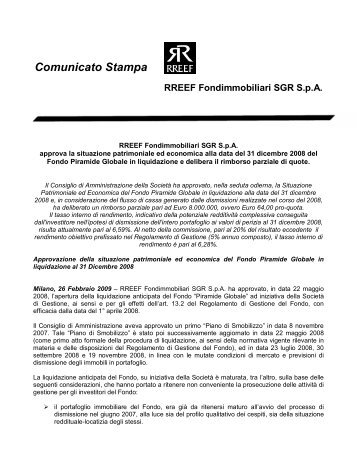 Comunicato Stampa RREEF Fondimmobiliari SGR SpA