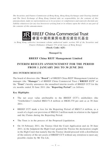 RREEF China REIT Management Limited INTERIM RESULTS ...