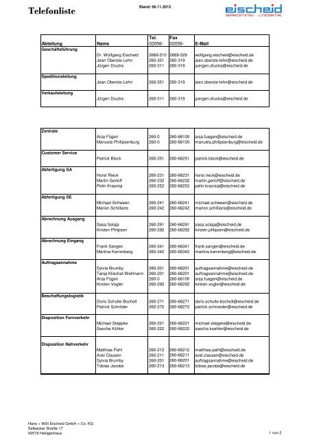 Telefonliste als PDF-Download - Spedition Hans & Willi Eischeid