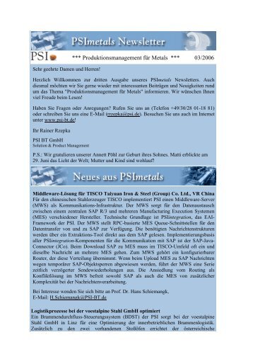 Newsletter 03/06 (deutsch) - PSI Metals GmbH