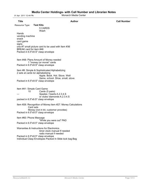 Media Center Holdings- with Call Number and ... - Monarch School