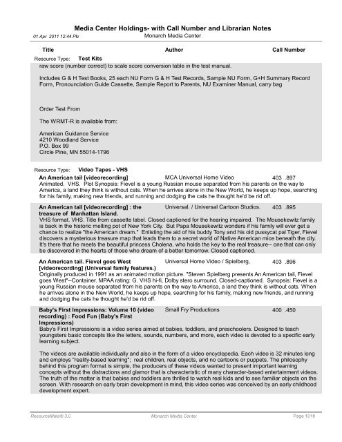 Media Center Holdings- with Call Number and ... - Monarch School