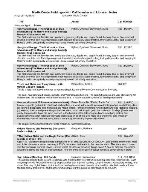 Media Center Holdings- with Call Number and ... - Monarch School