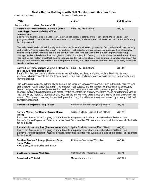 Media Center Holdings- with Call Number and ... - Monarch School