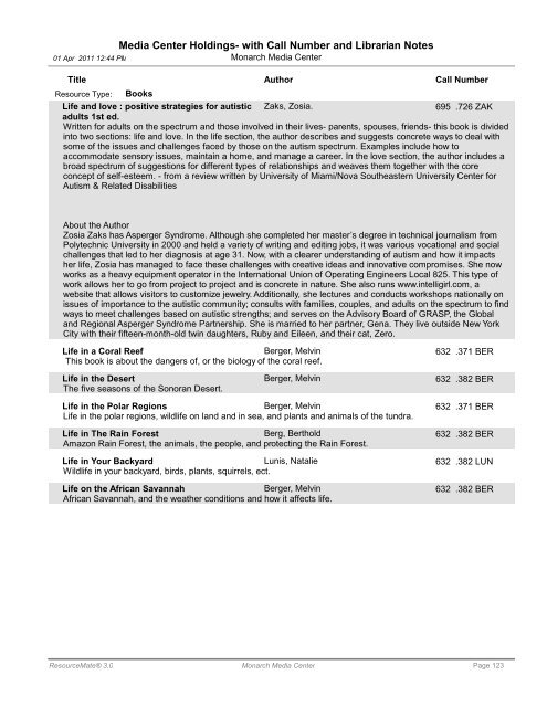 Media Center Holdings- with Call Number and ... - Monarch School