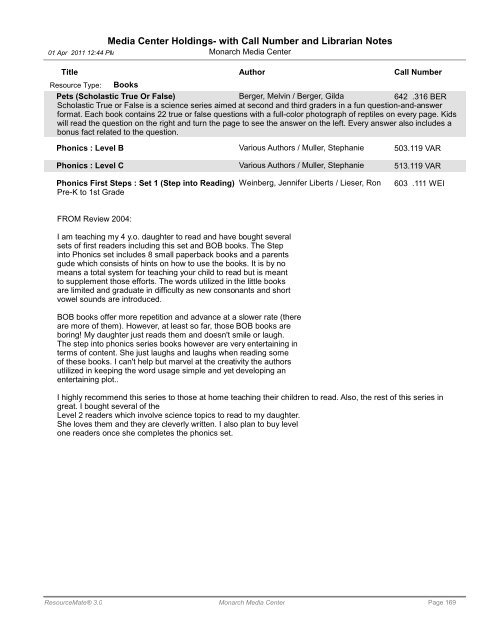 Media Center Holdings- with Call Number and ... - Monarch School