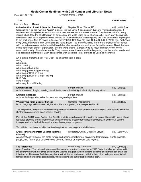 Media Center Holdings- with Call Number and ... - Monarch School