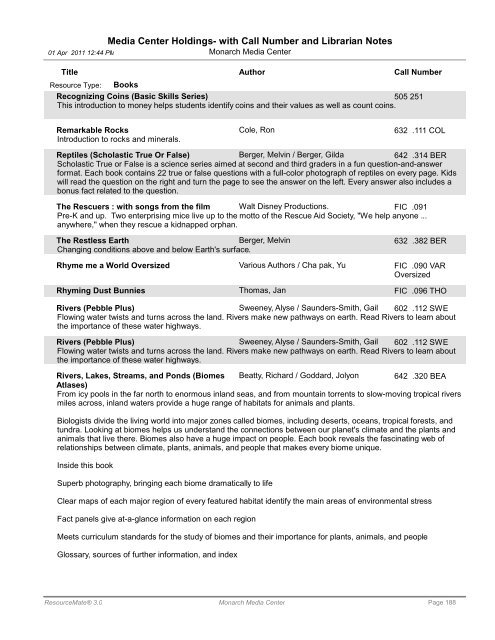 Media Center Holdings- with Call Number and ... - Monarch School