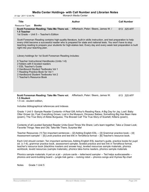 Media Center Holdings- with Call Number and ... - Monarch School