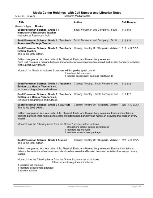 Media Center Holdings- with Call Number and ... - Monarch School