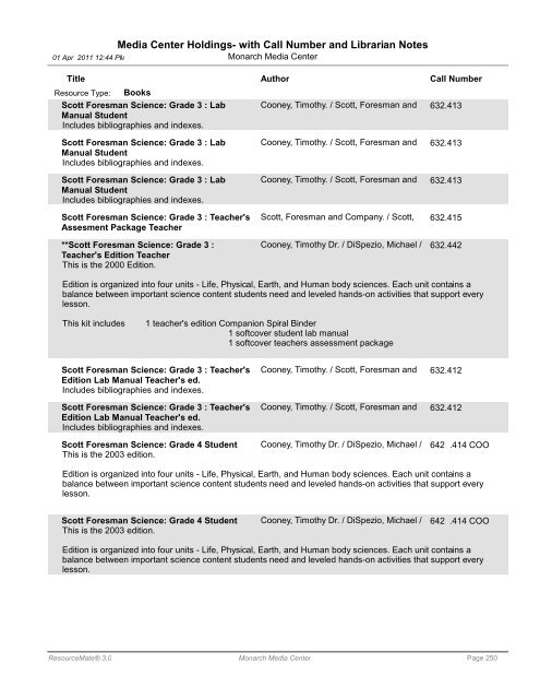 Media Center Holdings- with Call Number and ... - Monarch School