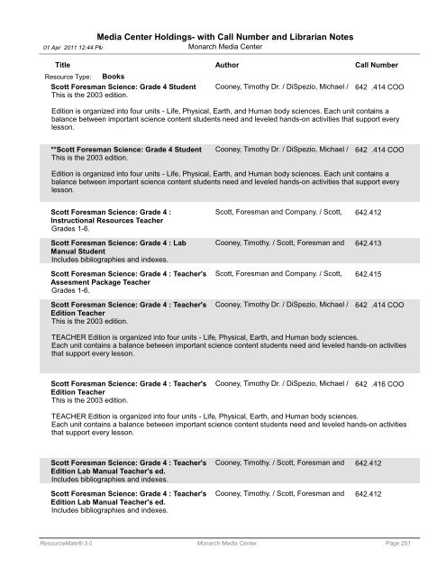 Media Center Holdings- with Call Number and ... - Monarch School