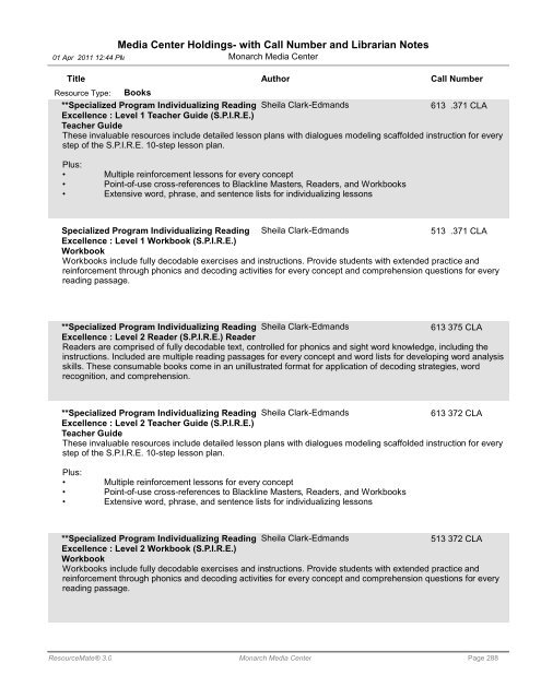 Media Center Holdings- with Call Number and ... - Monarch School