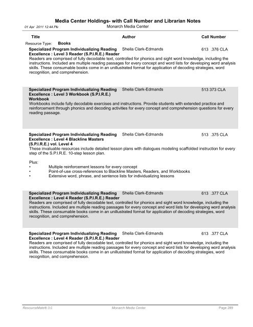 Media Center Holdings- with Call Number and ... - Monarch School