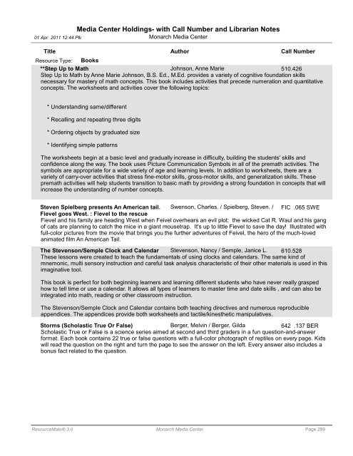 Media Center Holdings- with Call Number and ... - Monarch School