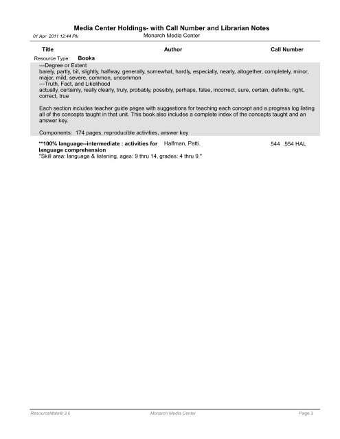 Media Center Holdings- with Call Number and ... - Monarch School