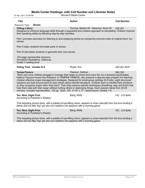 Media Center Holdings- with Call Number and ... - Monarch School