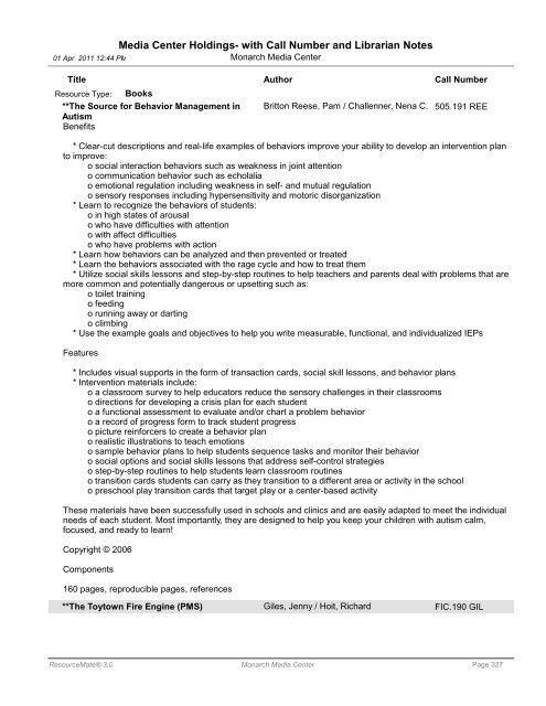 Media Center Holdings- with Call Number and ... - Monarch School