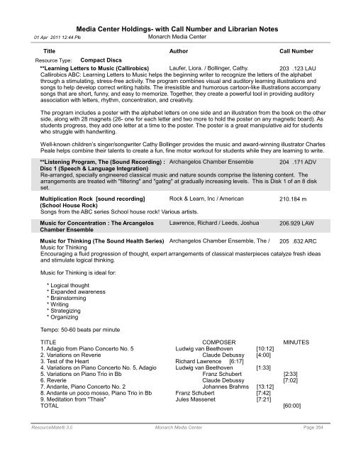 Media Center Holdings- with Call Number and ... - Monarch School