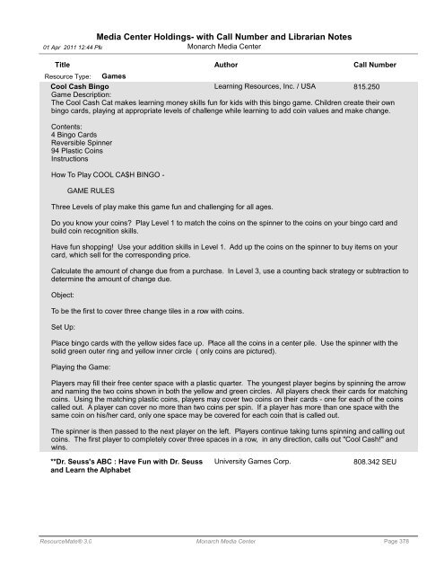 Media Center Holdings- with Call Number and ... - Monarch School