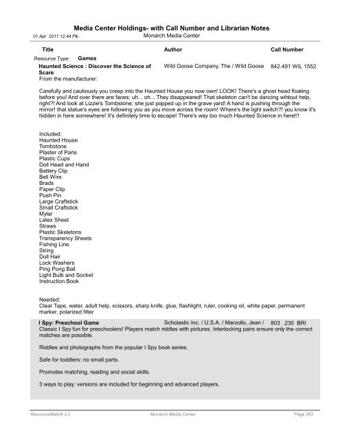 Media Center Holdings- with Call Number and ... - Monarch School