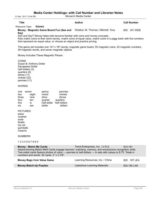 Media Center Holdings- with Call Number and ... - Monarch School