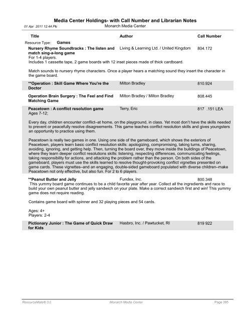 Media Center Holdings- with Call Number and ... - Monarch School