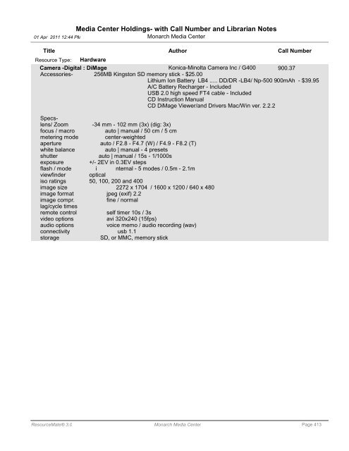 Media Center Holdings- with Call Number and ... - Monarch School