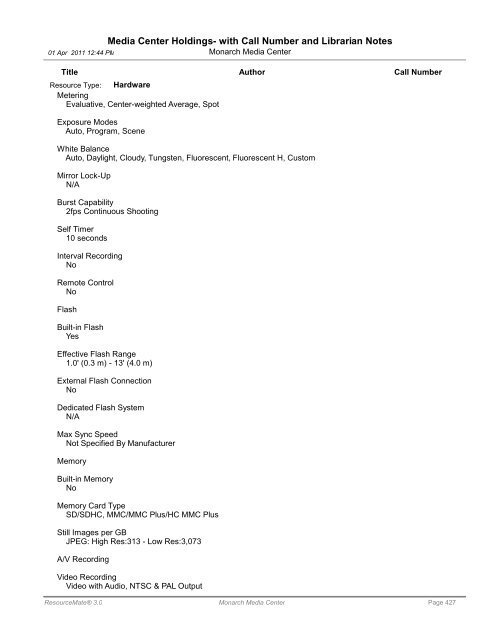 Media Center Holdings- with Call Number and ... - Monarch School