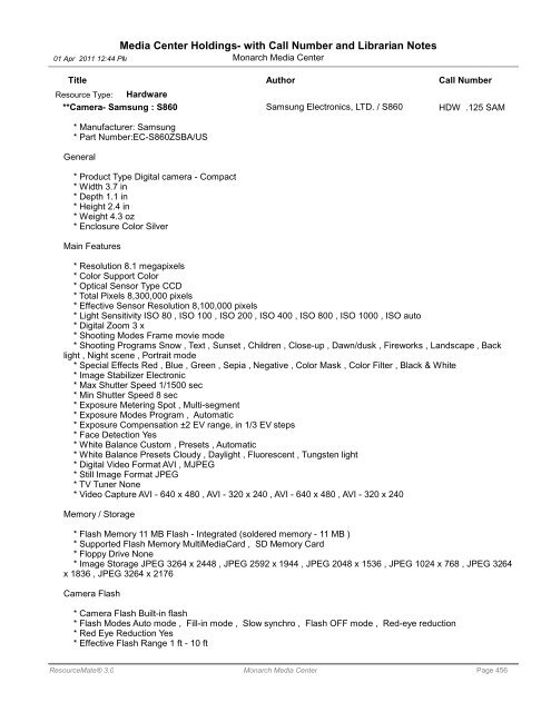 Media Center Holdings- with Call Number and ... - Monarch School