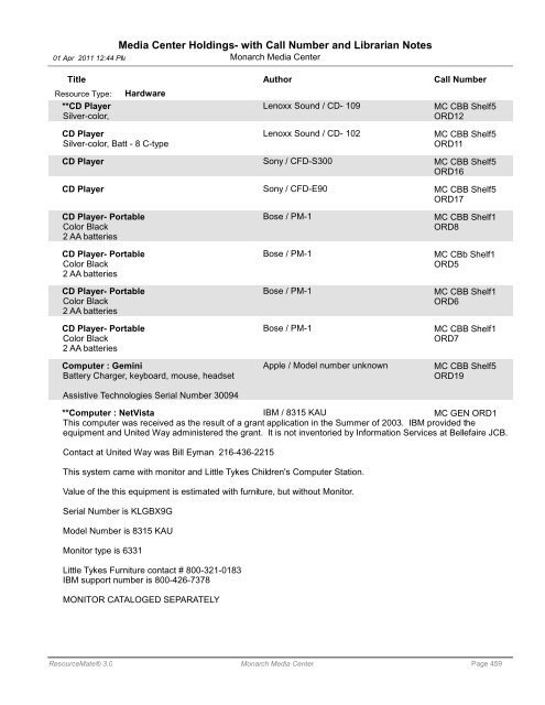 Media Center Holdings- with Call Number and ... - Monarch School