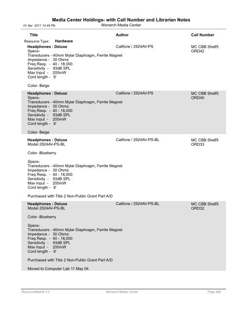 Media Center Holdings- with Call Number and ... - Monarch School