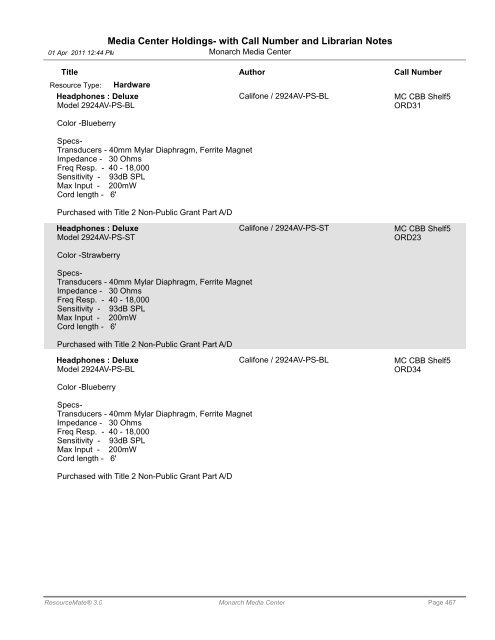 Media Center Holdings- with Call Number and ... - Monarch School