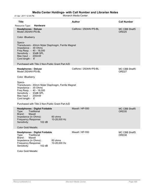 Media Center Holdings- with Call Number and ... - Monarch School