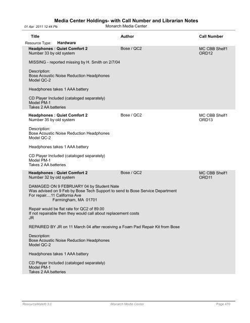 Media Center Holdings- with Call Number and ... - Monarch School