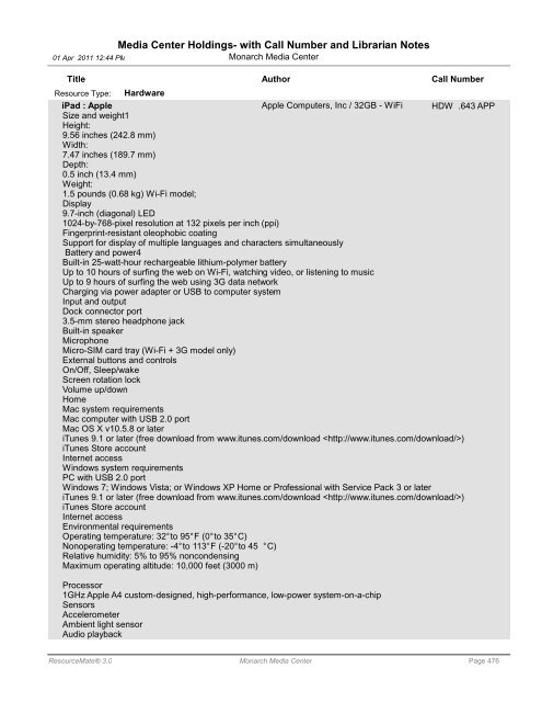 Media Center Holdings- with Call Number and ... - Monarch School