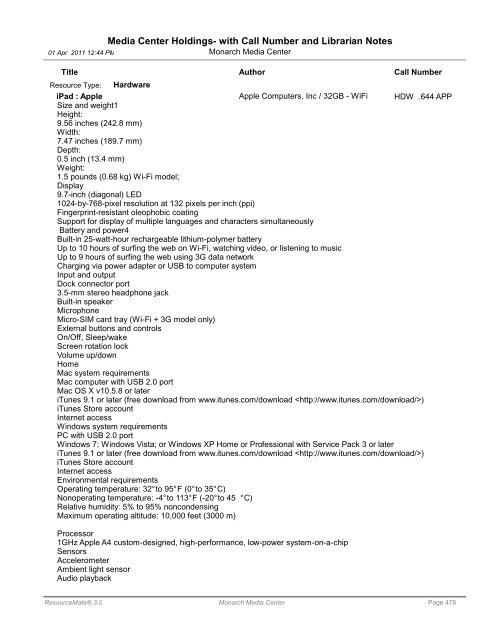 Media Center Holdings- with Call Number and ... - Monarch School