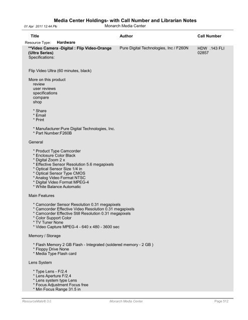 Media Center Holdings- with Call Number and ... - Monarch School